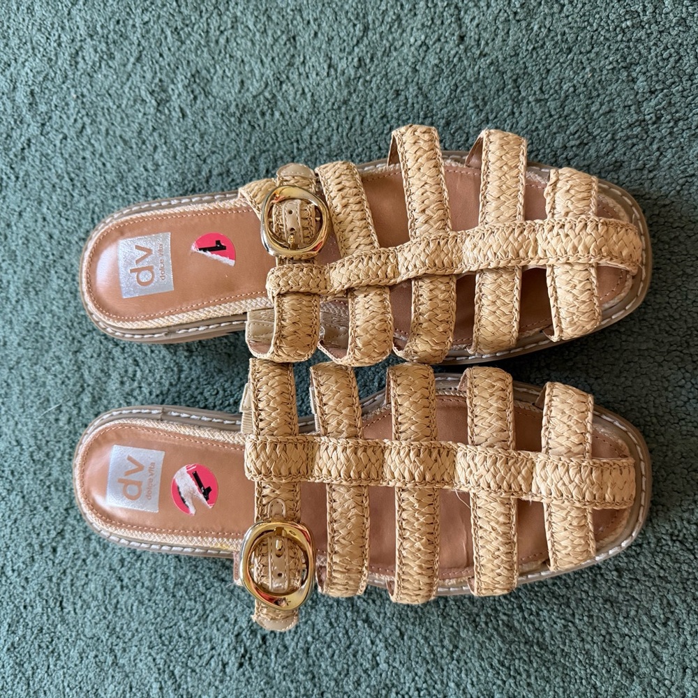 DV by Dolce Vita Tan Woven Slide Sandals with Gold Buckle